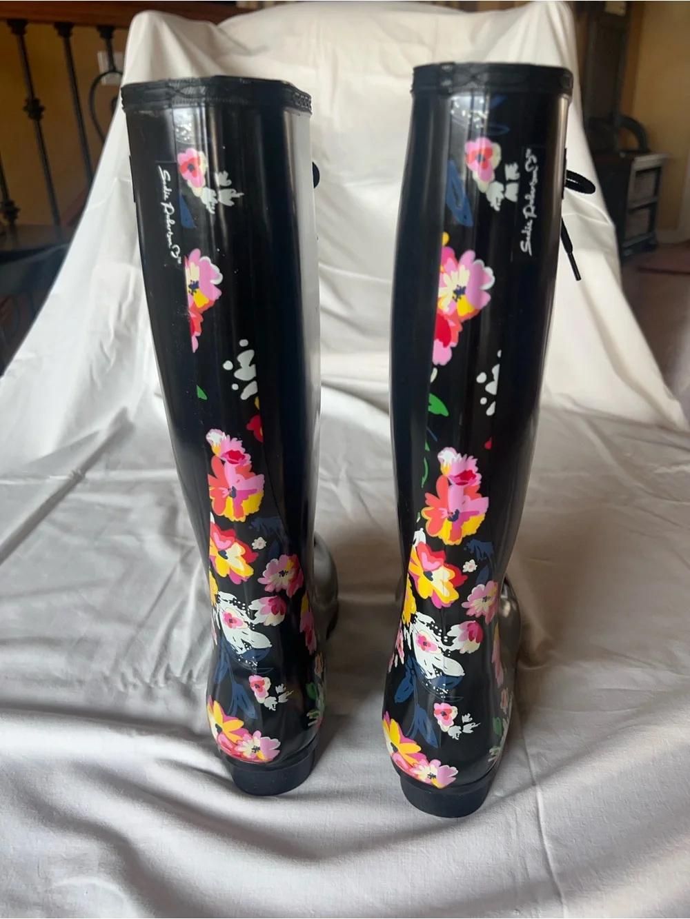 Roma Black Lace-Up Rain Boots with Bright Floral Panels